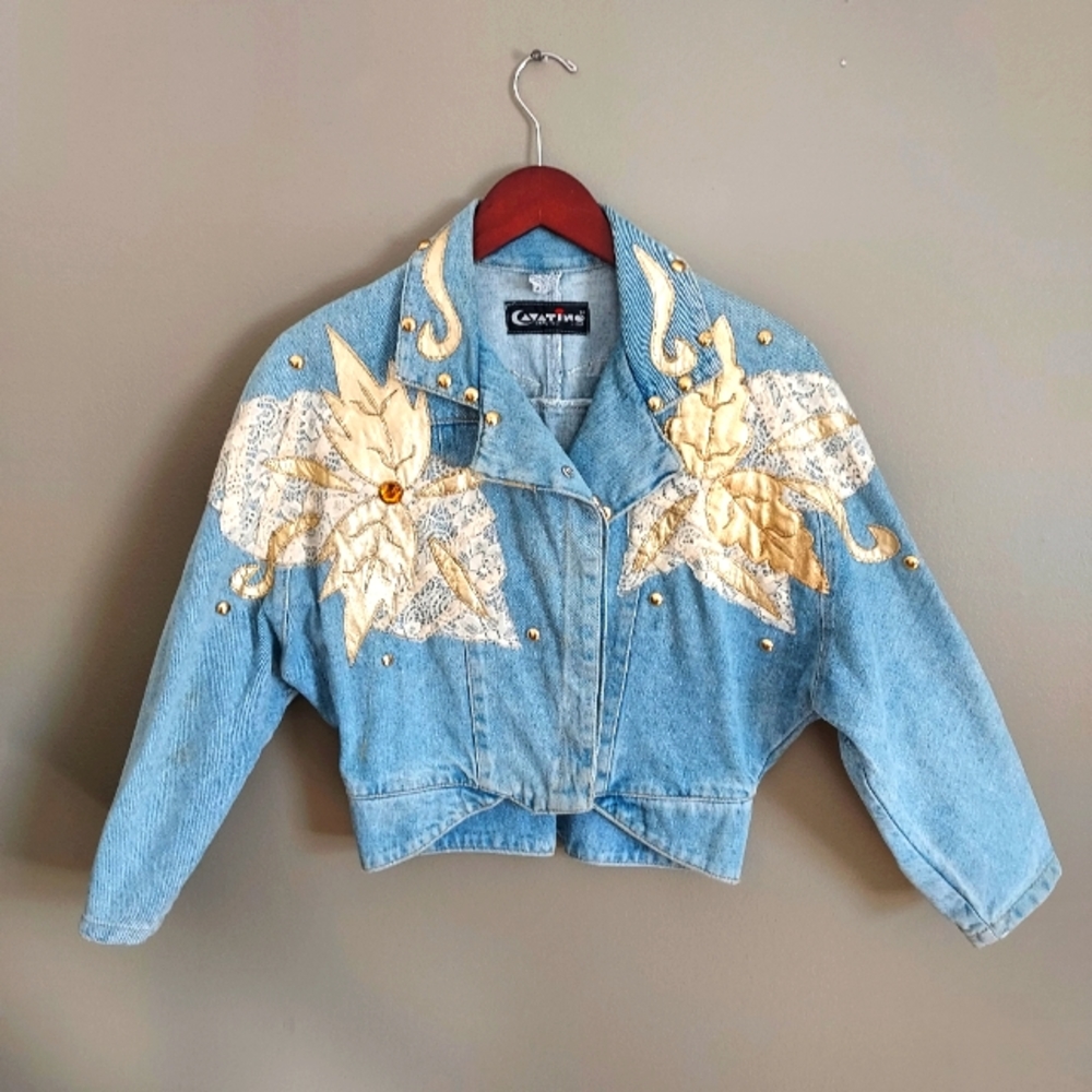 Vintage Cropped Embellished Jean Jacket Size Small